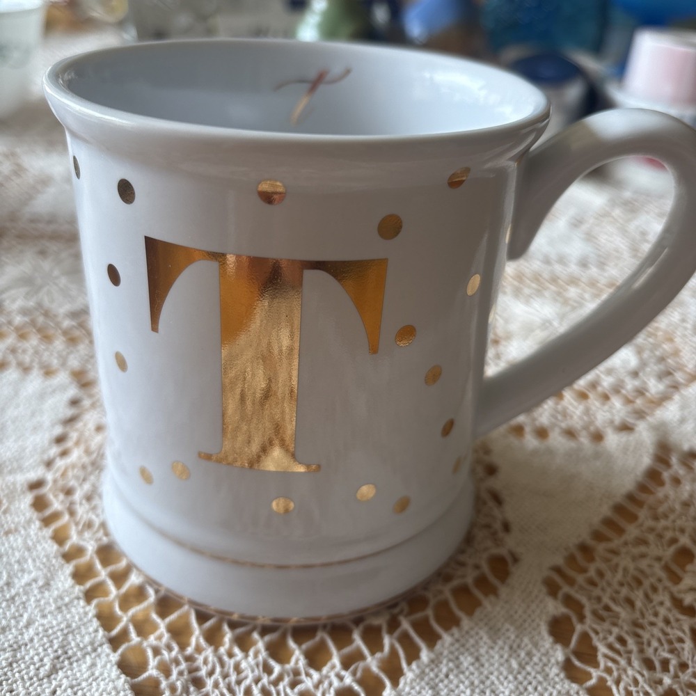 Pier 1 Imports Monogram Gold Letter "T" Gold Polka Dots White Coffee Mug